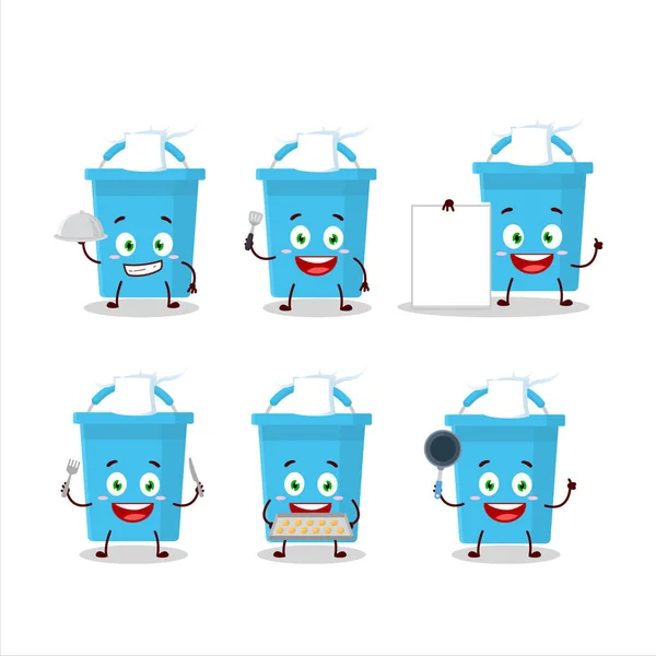 Caractère Bande Dessinée Seau Bleu Avec Divers Émoticônes Chef Illustration — Image vectorielle