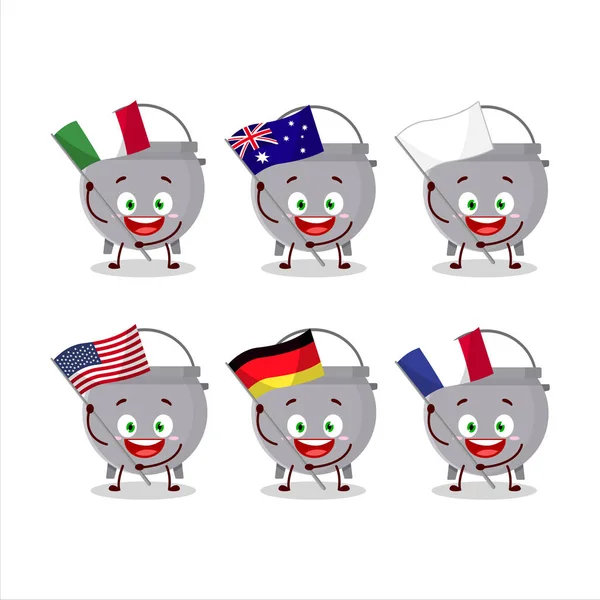 Caldero Botella Personaje Dibujos Animados Traer Las Banderas Varios Países — Archivo Imágenes Vectoriales