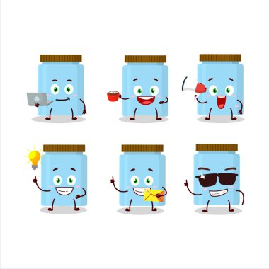 Çeşitli iş simgelerine sahip kavanoz çizgi film karakteri. Vektör illüstrasyonu