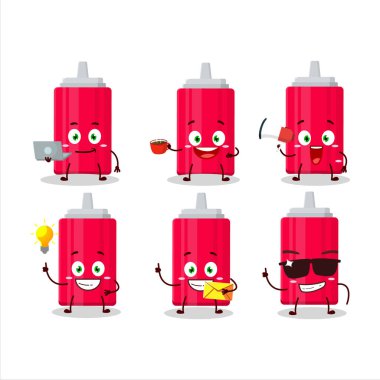 Çeşitli iş simgelerine sahip ketçap şişesi çizgi film karakteri. Vektör illüstrasyonu