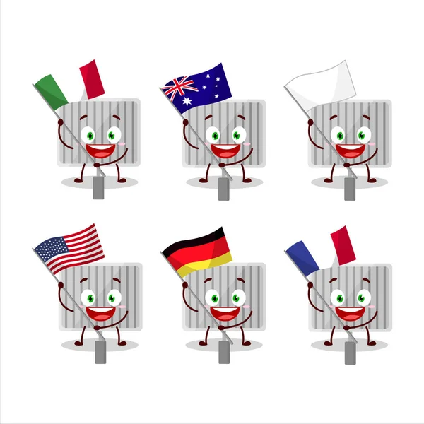 Grill Personaje Dibujos Animados Puerta Traer Las Banderas Varios Países — Vector de stock