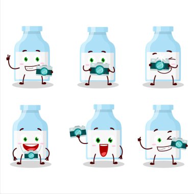 Süt şişesi çizgi film karakteri ile fotoğrafçılık mesleği simgesi. Vektör illüstrasyonu