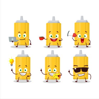 Muhtelif iş simgelerine sahip hardal şişesi çizgi film karakteri. Vektör illüstrasyonu