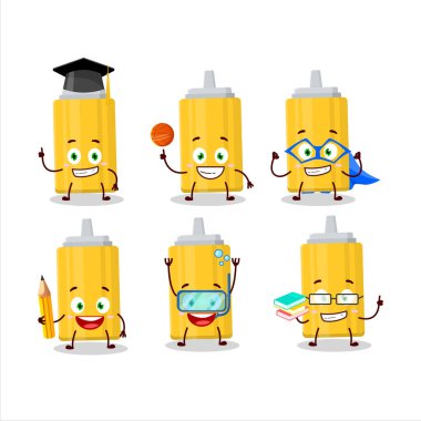 Hardal şişesi çizgi film karakteri ve çeşitli ifadeleri olan bir öğrenci. Vektör illüstrasyonu