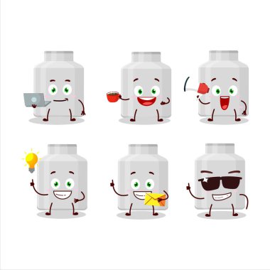 Süt kutusu, çeşitli iş simgelerine sahip bir çizgi film karakteri. Vektör illüstrasyonu