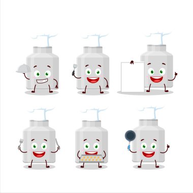 Süt tenekesinin çizgi film karakteri ve çeşitli şef ifadeleri. Vektör illüstrasyonu