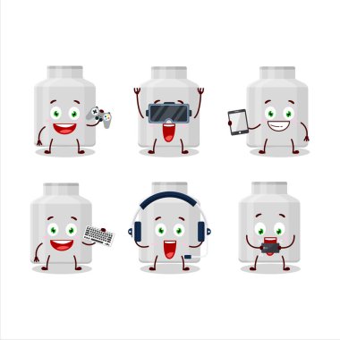 Süt kutusu çizgi film karakteri çeşitli şirin ifadelerle oyunlar oynuyor. Vektör illüstrasyonu