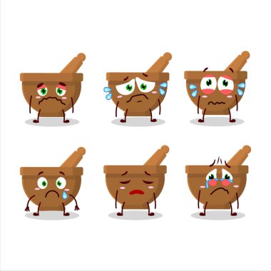 Hüzünlü bir ifadeyle havan topu ve çizgi film karakteri. Vektör illüstrasyonu