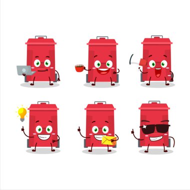 Çeşitli iş simgelerine sahip plastik çöp kutusu çizgi film karakteri. Vektör illüstrasyonu