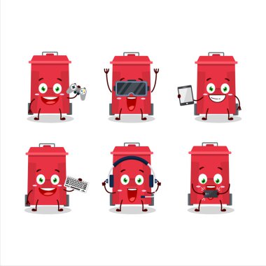 Plastik çöp tenekesi çizgi film karakteri çeşitli şirin ifadelerle oyunlar oynuyor. Vektör illüstrasyonu