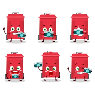 Plastik çöp kutusu çizgi film karakteri ile fotoğrafçılık mesleği simgesi. Vektör illüstrasyonu