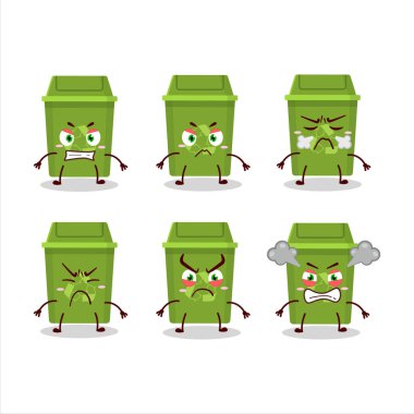 Çeşitli kızgın ifadeleri olan çöp tenekesi çizgi film karakterini geri dönüştür. Vektör illüstrasyonu