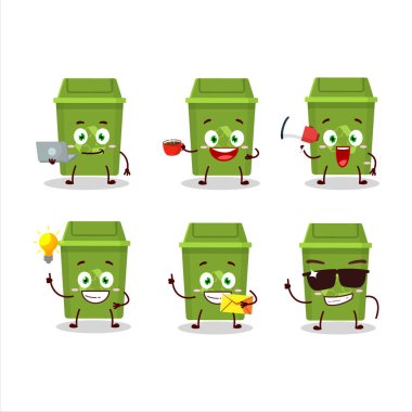 Çöp tenekesi çizgi film karakterini çeşitli iş simgeleriyle geri dönüştür. Vektör illüstrasyonu