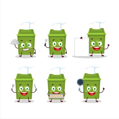 Çöp tenekesinin çizgi film karakteri ve çeşitli şef ifadeleri. Vektör illüstrasyonu