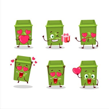 Sevgi dolu ifadeli çöp tenekesi çizgi film karakterini geri dönüştür. Vektör illüstrasyonu