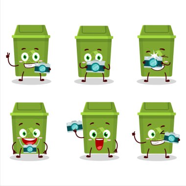 Çöp tenekesi geri dönüşüm karakteri olan fotoğrafçı mesleği simgesi. Vektör illüstrasyonu