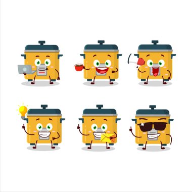 Çeşitli iş simgelerine sahip pirinç pişirici çizgi film karakteri. Vektör illüstrasyonu