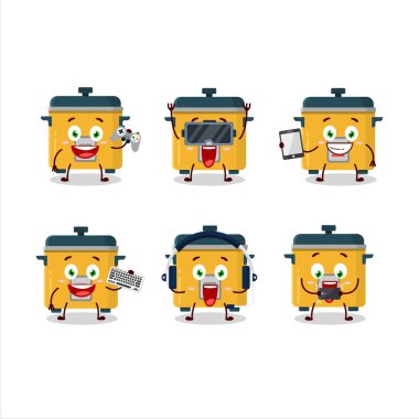 Pirinç pişirici çizgi film karakteri çeşitli şirin ifadelerle oyunlar oynuyor. Vektör illüstrasyonu