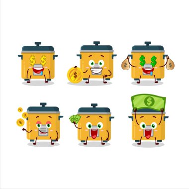 Pirinç pişirici çizgi film karakteri, şirin bir ifade ile para getiriyor. Vektör illüstrasyonu