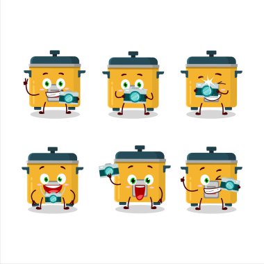 Pirinç pişirici çizgi film karakteri ile fotoğrafçılık mesleği simgesi. Vektör illüstrasyonu