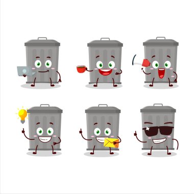 Çöp kutusu, çeşitli iş simgeleri olan bir çizgi film karakteri. Vektör illüstrasyonu