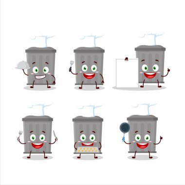 Çeşitli şef simgeleriyle çöp tenekesinin çizgi film karakteri. Vektör illüstrasyonu