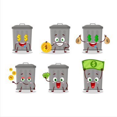 Çöp tenekesi çizgi film karakteri, şirin ifadeli para getiriyor. Vektör illüstrasyonu