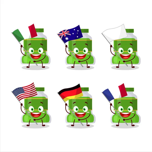 Pesto Personaggio Cartone Animato Bottiglia Portare Bandiere Vari Paesi Illustrazione — Vettoriale Stock