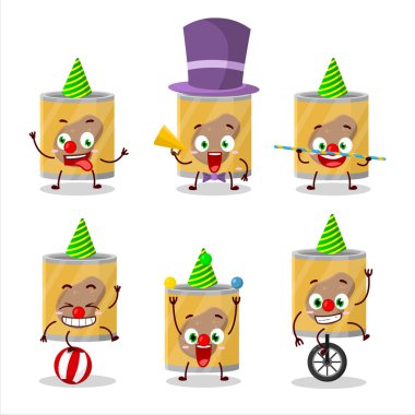 Çeşitli sirk gösterileri olan patates konservesi çizgi film karakteri. Vektör illüstrasyonu