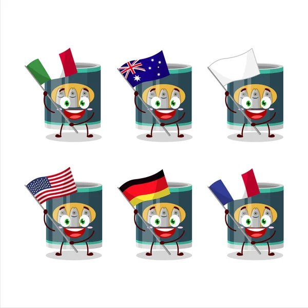 Can Sardines Cartoon Character Bring Flags Various Countries Vector Illustration — Stock Vector