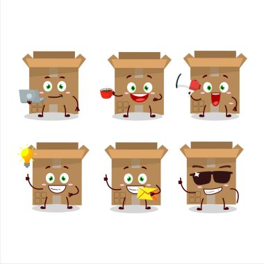 Çeşitli iş simgelerine sahip karton kutu çizgi film karakteri. Vektör illüstrasyonu