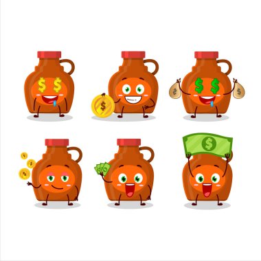 Akçaağaç şurubu şurubu çizgi film karakteri yanında para getiriyor. Vektör illüstrasyonu