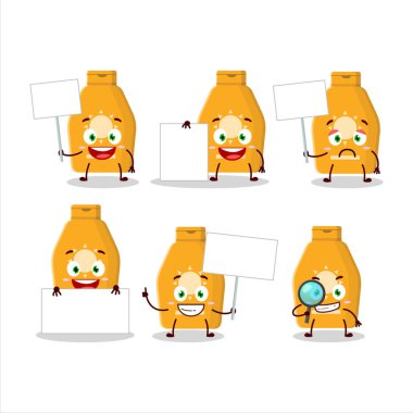 Losyon güneş kremi çizgi film karakteri bilgi panosunu getir. Vektör illüstrasyonu