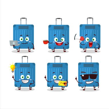 Değişik iş simgelerine sahip mavi çizgili çizgi film karakteri. Vektör illüstrasyonu