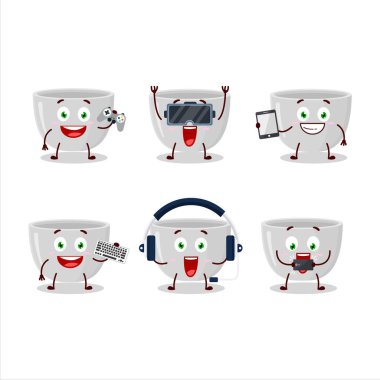 Plastik kâse çizgi film karakteri çeşitli şirin ifadelerle oyunlar oynuyor. Vektör illüstrasyonu