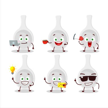 Çeşitli iş simgelerine sahip plastik kaşık çizgi film karakteri. Vektör illüstrasyonu