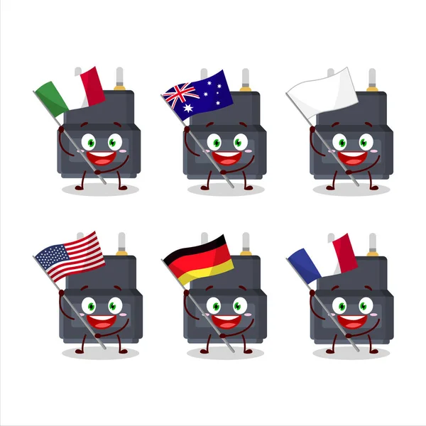Adapter Steckverbinder Cartoon Figur Bringen Die Flaggen Der Verschiedenen Länder — Stockvektor