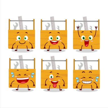 Gülen suratlı ahşap alet çantasının çizgi film karakteri. Vektör illüstrasyonu