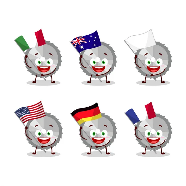 Personaje Dibujos Animados Sierra Mano Traer Las Banderas Varios Países — Vector de stock