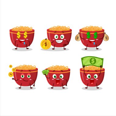 Bir kase erişteli çizgi film karakteri yanında para getiriyor. Vektör illüstrasyonu