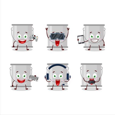 Gri boya kovası çizgi film karakteri çeşitli şirin emoticonlarla oyunlar oynuyor. Vektör illüstrasyonu