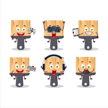 Boya fırçaları çizgi film karakteri çeşitli şirin duygu simgeleriyle oyunlar oynuyor. Vektör illüstrasyonu