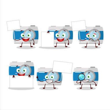 Cep kamerası çizgi film karakteri bilgi panosunu getir. Vektör illüstrasyonu