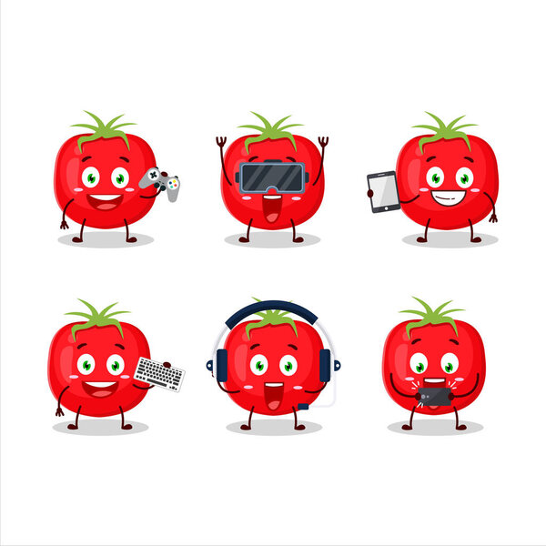 Tomato cartoon character are playing games with various cute emoticons. Vector illustration