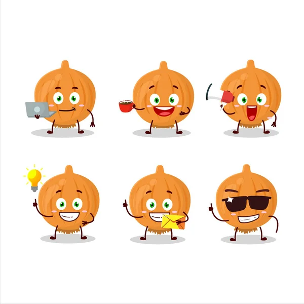Onion cartoon character with various types of business emoticons — Stock Vector