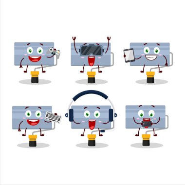 Yuvarlak boya fırçası çizgi film karakteri çeşitli şirin emoticonlarla oyunlar oynuyor. Vektör illüstrasyonu