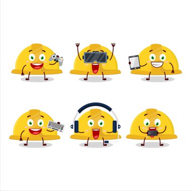 Sarı inşaat miğferi çizgi film karakteri çeşitli şirin ifadelerle oyunlar oynuyor. Vektör illüstrasyonu