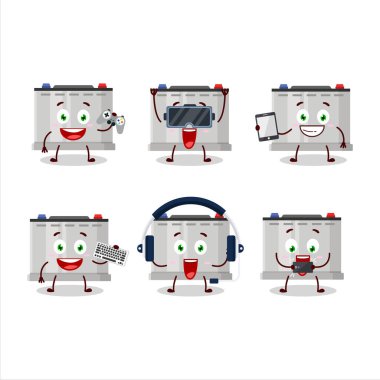 Akümülatör batarya çizgi film karakteri çeşitli şirin duygu simgeleriyle oyunlar oynuyor. Vektör illüstrasyonu