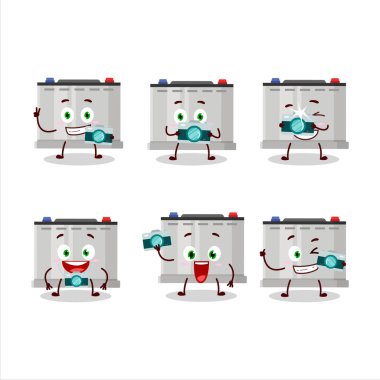 Akümülatör batarya çizgi film karakteri ile fotoğrafçılık mesleği simgesi. Vektör illüstrasyonu