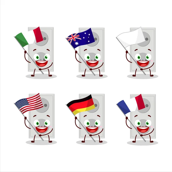 Double Electric Adapter Cartoon Character Bring Flags Various Countries Vector — Stock Vector